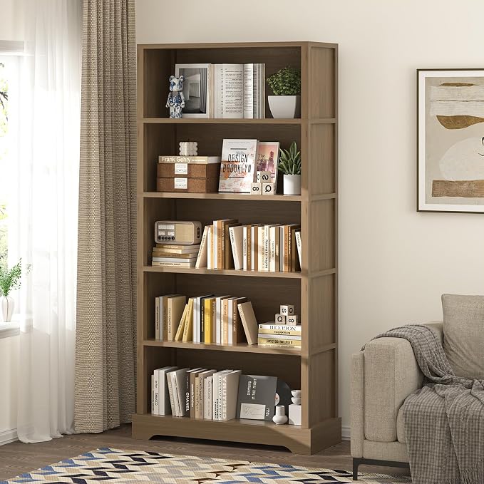 TVU 5-Tier Wooden Bookshelf, 65" Tall Farmhouse Style Open Bookcase, 31.5" W Standing Book Shelf with Storage, Suitable for Study, Living Room, Office, Teak