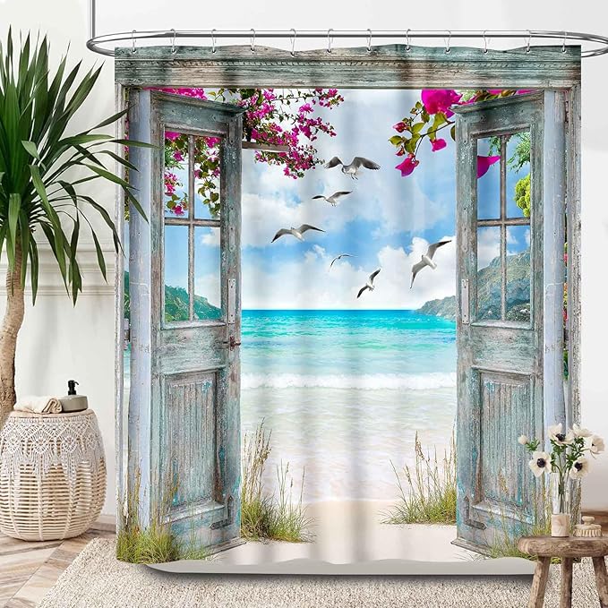 Ocean Beach Shower Curtains,Farmhouse Scenery Sea Wave Retro Wood Rustic Nature Landscape Bathroom Decor Polyester Fabric Waterproof Bathroom Curtain with Hooks,72x78Inch