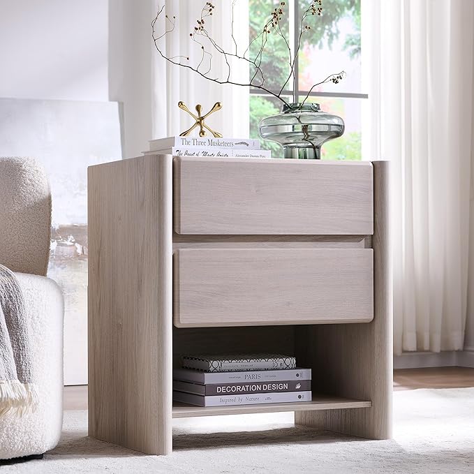 25" Tall Modern Nightstand with Charging Station, 23.6" W Nightstand with 2 Storage Drawers & Open Shelf, Wood Night Stand w/Rounded Corner Design for Bedroom, Living Room (Cream)