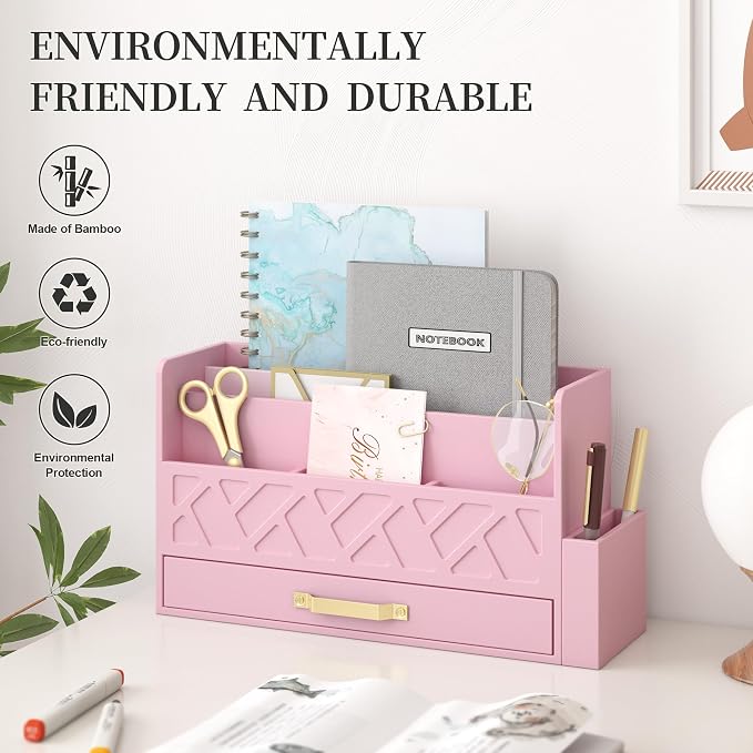 Wisuse Bamboo Desk Mail Organizer with Drawer,Wooden File Bill Sorter Storage Box for Desktop, Letter Countertop Holder for Home,Office,School Organization,Tabletop Accessories Supplies (Pink)