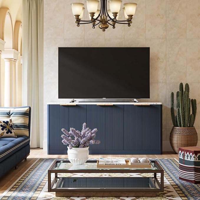 Evermagin 67" Fluted Blue Buffet Cabinet Sideboard with Storage, Large Credenza with 6 Doors, Wood Mid Century Modern Sideboard for Kitchen and Living Room (67"*31.5"*15.7")