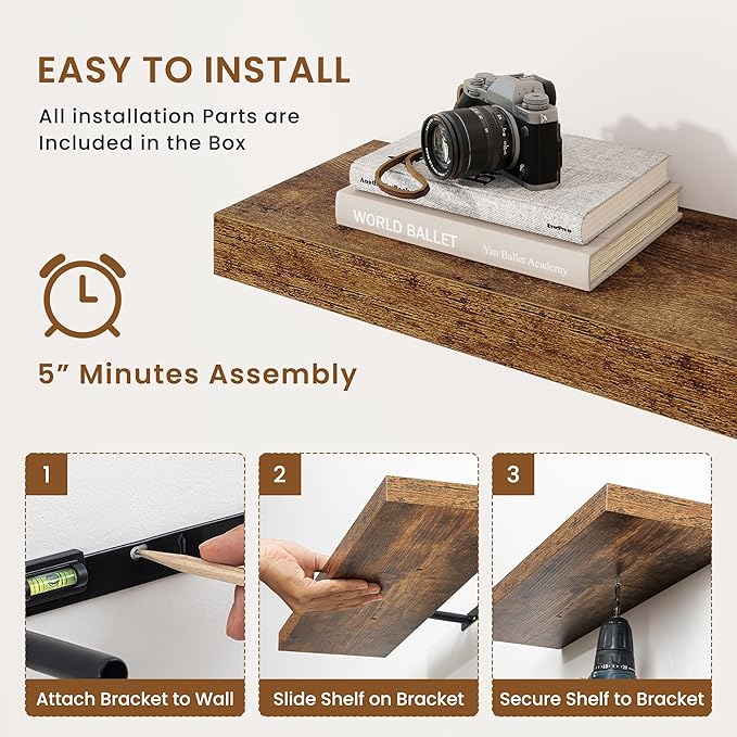 fuqing Floating Shelves for Wall, Wall Mounted Wood Floating Shelf with Invisible Brackets for Living Room, Bathroom, Bedroom, Kitchen Storage and Decor, 32 Inch Set of 2, Rustic Brown