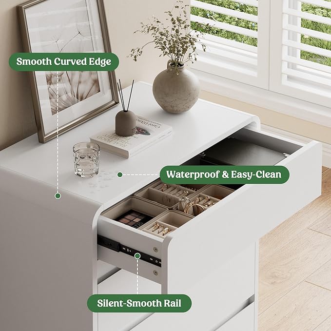 Lulive Wood Dresser for Bedroom, 41” Tall Chest of Drawers with 5 Drawers, Modern Closet Storage Drawer with Curved Profile Design for Living Room, Hallway, Entryway, White