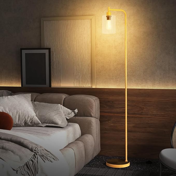 Tangkula Industrial Floor Lamp, Modern Standing Lamp with Hanging Glass Lampshade & Foot Switch, Tall Pole Light with E26 Standard Base for Living Room, Bedroom & Office (Gold, 1-Light)