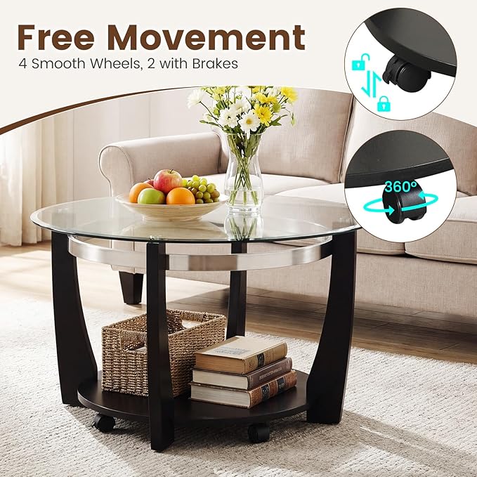 GOFLAME Glass Coffee Table with Storage, 32” Rolling Round Center Table with Tempered Glass Top, Solid Rubber Wood Legs, Wheels, Mid-Century Modern, 2-Tier Circle Tea Tables for Living Room (Black)