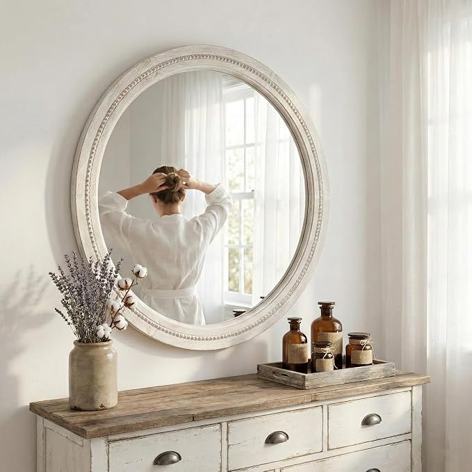 30" White Round Wood Mirror for Bathroom Vanity, Distressed Solid Wood Wall Mirror - French Country Beaded Circle Mirror for Coastal Bedroom & Nursery