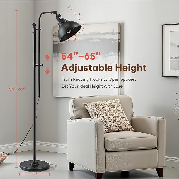 VONLUCE Floor Lamp for Living Room, 65" Black Floor Lamp Adjustable Height & Head Vintage Metal Standing Reading Pole Lamp for Bedroom, Office, Farmhouse
