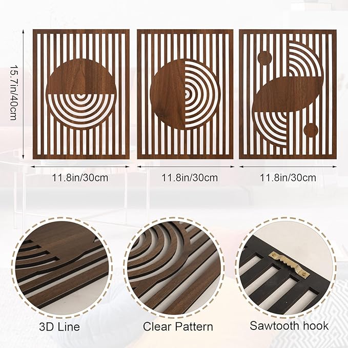 pechpell Set of 3 Mid Century Modern Wall Art, 15.7×11.8 Inch Brown Wooden Abstract Wood Wall Panels, Minimalist Geometric Decor for Living Room Bedroom Rustic Farmhouse Home Decorations