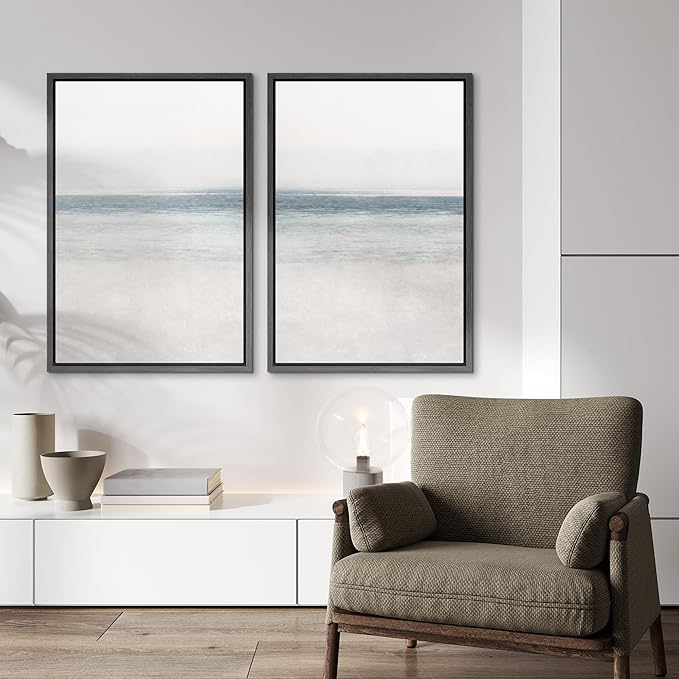 IDEA4WALL Framed Canvas Print Wall Art Set Abstract Beach Shore Ocean Wave Horizon Nature Wilderness Illustrations Modern Art Decorative Coastal Cottage Seascape Minimal for Bedroom - 24"x36"x2 Black