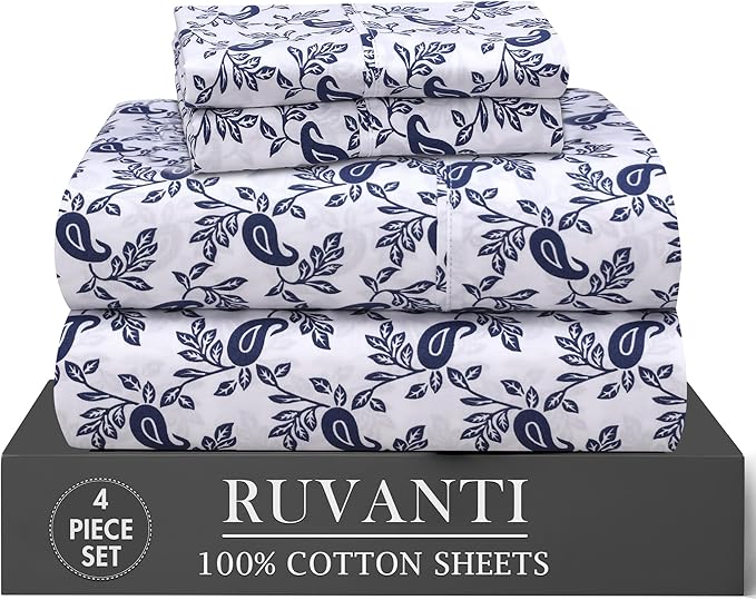 RUVANTI 100% Cotton Percale Sheets Twin Size 4 Piece Set, Cooling Bed Sheets for Hot Sleepers, Deep Pocket 16”, Breathable Lightweight & Durable, Crisp Hotel Style Sheets, Paisley Ornament