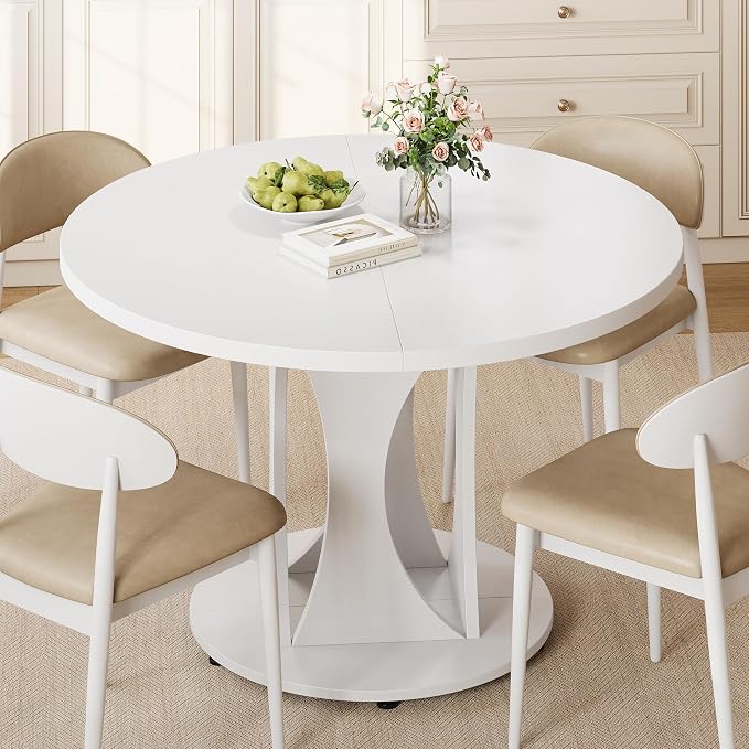Einhomn 59" Extendable Round Dining Table for 6-8, Kitchen Table with Sturdy Double Arc Base & Backboard Clasp Desktop, Mid-Century Modern Dinner Table, Kitchen Dining Room, Space Saving, White
