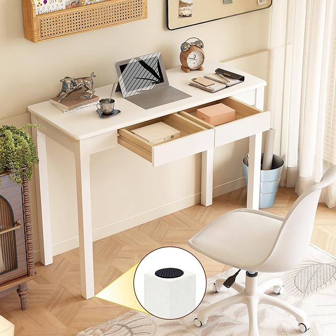Solid Wood Desk with Drawers - 39" Narrow Desks for Small Spaces, Mid Century Modern Desks, Small Wooden Vintage Computer Writing Desk, Study Table for Home Office Bedroom, White