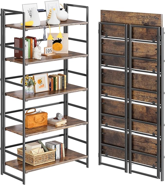 4NM No Assembly 5 Tiers Collapsible Book Shelves, 51.2" H Folding Bookshelf Bookcase Open Industrial Foldable Shelves for Bedroom, Living Room, Home Office - Rustic Brown Black