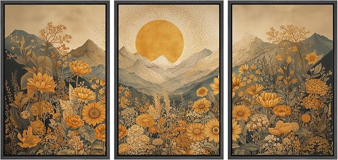 wall26 Framed Print Wall Art Set Boho Sunflower Mountain Vintage Yellow Floral and LandscapeDecorative Minimal Relax/Zen for Living Room, Bedroom, Office - 24"x36"x3 BLACK