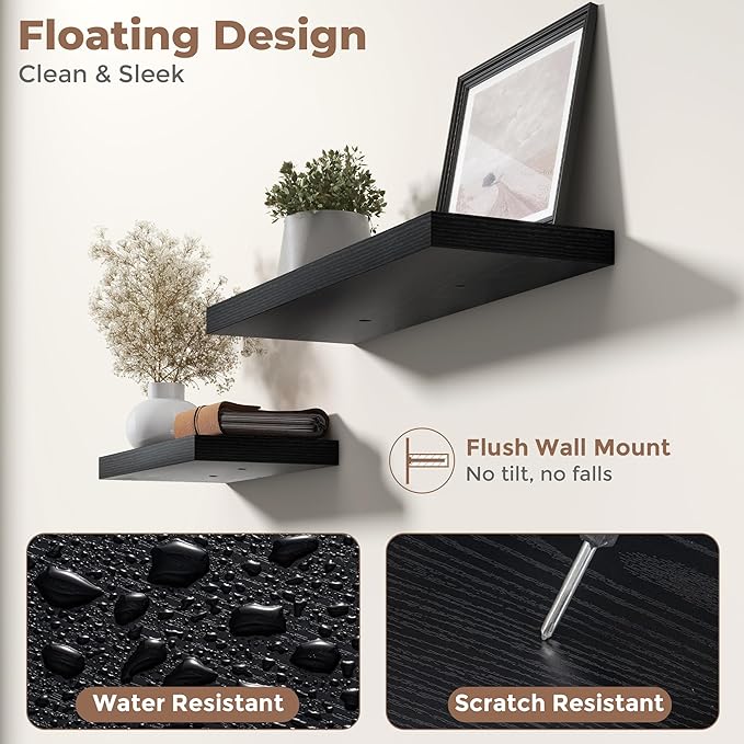 Floating Shelves for Wall with Invisible Brackets, Wall Mounted Engineered Wood Shelves with Wood Grain for Living Room, Bedroom, Bathroom, Kitchen Decor and Storage, Oak, 8"L Set of 3, Black