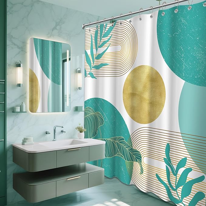 Teal Blue and Gold Shower Curtain Turquoise Aqua and White Shower Curtains for Bathroom Decor Boho Mid Century Bath Curtain Set, Waterproof Fabric with Hooks 70 x 72 Inch