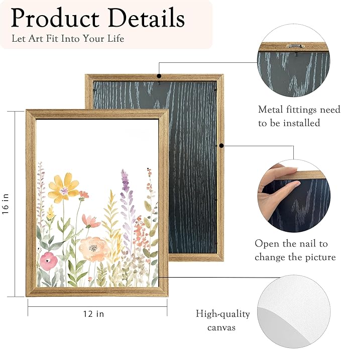 PicturePerfect Decor Watercolor Wildflower Wall Art Set of 3, 12x16Inch Framed Canvas Prints, Pastel Floral Decor for Living Room Bedroom Bathroom Office Hallway, Spring Meadow Decor, Wood Frame