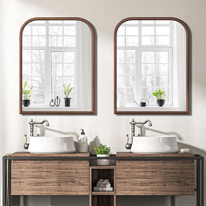 28"x36" Arch Wall Mirror for Wall, Wall Mounted Vanity Mirror for Bedroom, Wood Grain Finish Frame Mirror with Tempered Glass, Vintage Decorative for Bathroom, Entryway, Living Room, Walnut