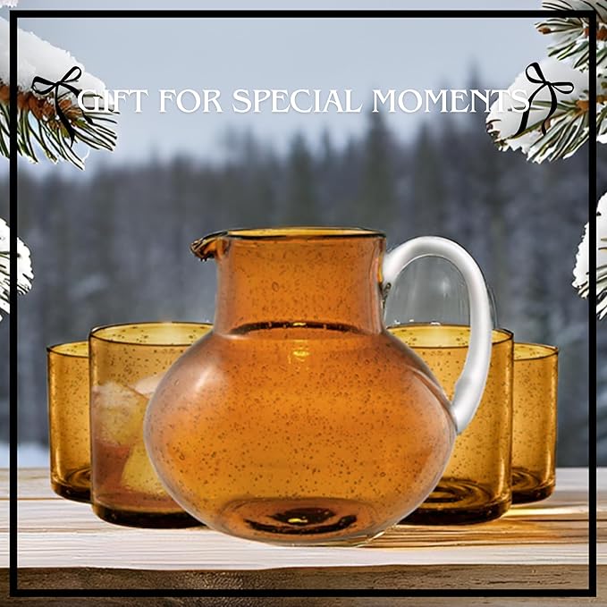 ARTLAND Iris 90oz Hand Blown Pitcher & Double Old Fashion 14oz Glasses (Set of 4) - Lead-Free Bubble Shape Glassware for Stylish Serving and Dining - Kitchen Essential & Table Decor (Amber)