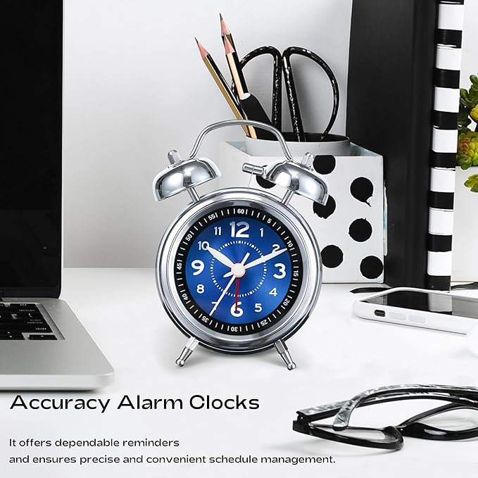 AKCISOT Loud Alarm Clock for Heavy Deep Sleepers,3 Inches Analog Metal Twin Bell Clocks Battery Operated with Backlight for Bedroom Bseide, Old Fashioned for Desk Home Decoration (Blue)