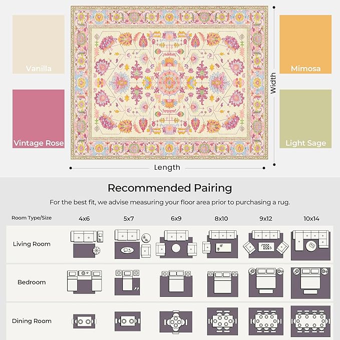Kokia 8x10 Area Rugs Living Room Washable Non Slip Low Pile Vintage Ivory Pink Stain Resistant Soft Large Oriental Rugs for Bedroom, Dining Room, Kitchen, Indoor Leisure Rooms, Nova Vanillaa