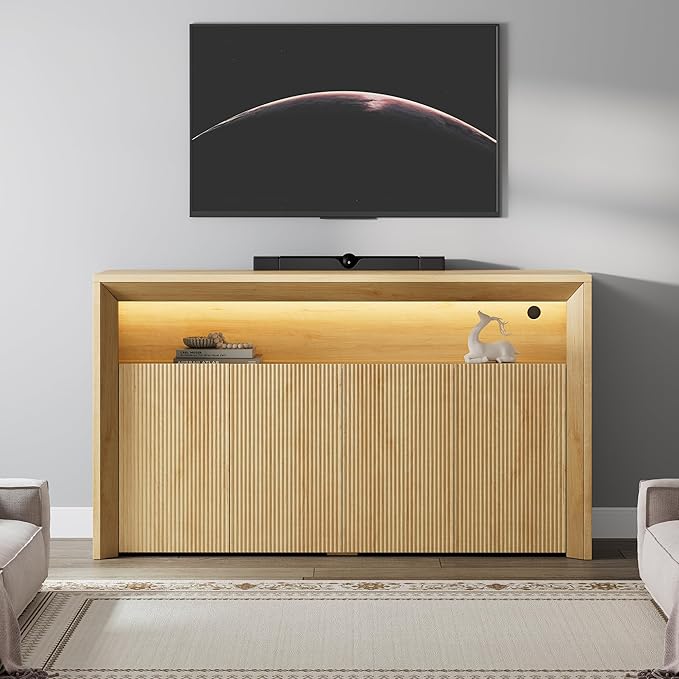 66.2" Buffet Cabinet with Storage and led Lights,Modern Sideboard Cabinet with 4 Doors & Shelves,Fluted Media Console Mid Century Coffee Bar Table for Living Room Kitchen Dining Room,Oak