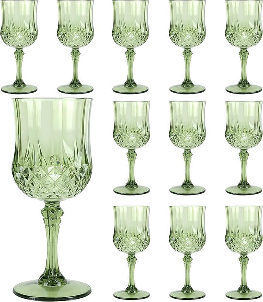 Plastic Wine Glasses, Plastic Goblets Vintage Style Cordial Drinking Glasses for Valentine’s Day, Wedding Reception, Grand Event Party Supplies (12, New Green)