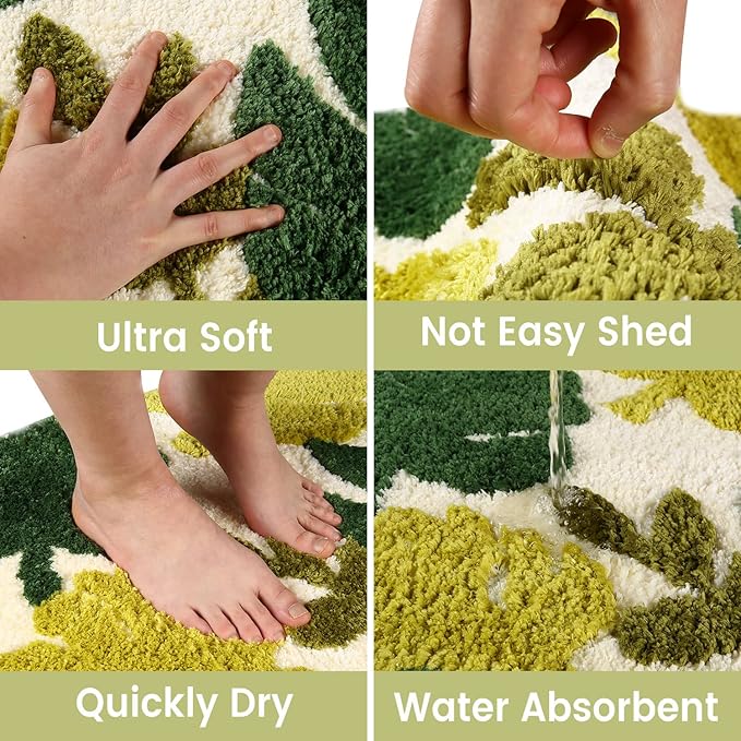 Hi Space Bathroom Rugs Mat 24x16IN Green Leaves Bath Mat for Bathroom Non Slip Machine Washable Soft Absorbent Cute Bath Rug Plush Bath Carpet for Tub Shower Sink Fluffy Entryway Doormat
