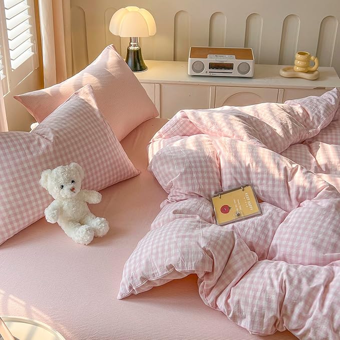 mixinni Light Pink Gingham Duvet Cover Set Queen Size - 100% Washed Cotton 3 Piece Plaid Checkered Bedding Set, Soft Comfy Grid Farmhouse Comforter Cover with Zipper Closure & Corner Ties
