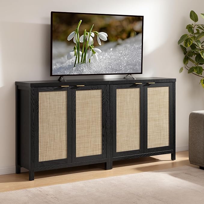 SICOTAS Rattan Sideboard Buffet Storage Cabinet - 3 Pieces Boho Farmhouse Coffee Bar Cabinet Credenza Cabinet with Storage and Rattan Decorated Doors for Home Kitchen, Black