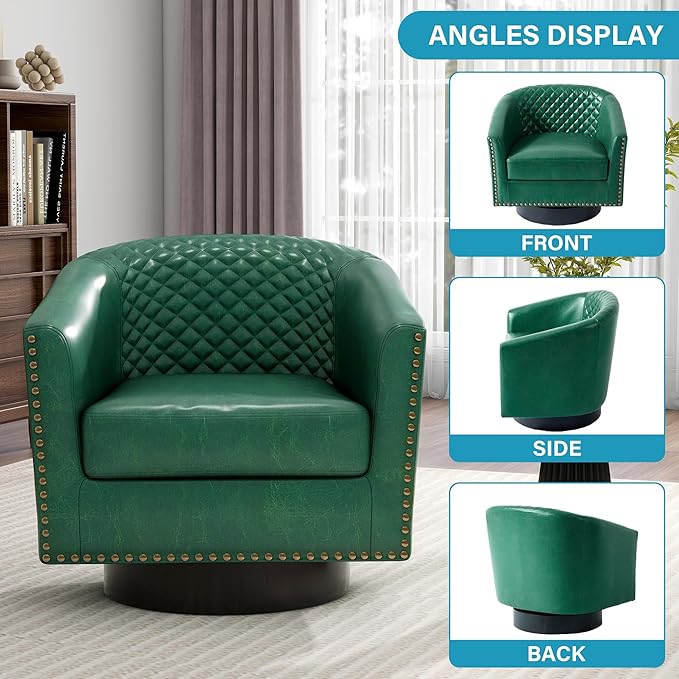 UIXE Swivel Accent Chair, PU Leather Barrel Club Chair for Living Room, Upholstered Armchair Comfy Single Sofa Bedroom Reading Seat - Green