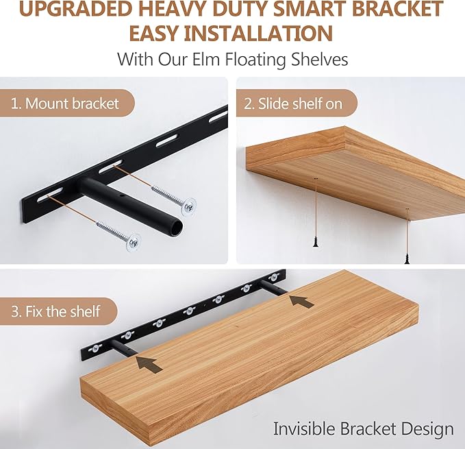 8 Inch Deep Floating Shelves, USA-Sourced Rustic Elm Wood Wall Shelves for Storage, Wall Mounted Display Shelving with Invisible Heavy-Duty Metal Bracket (Natural, 24" W x 8" D, Set of 2)