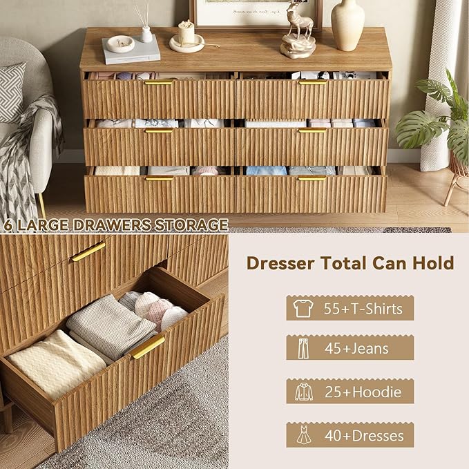 CARPETNAL Fluted Dresser and Nightstand Sets for Bedroom, 3 Pcs Bedroom Set, 6-Drawer Dresser & 2-Drawer Nightstand Set of 2, Modern Wood Chest of Drawers for Living Room, Entryway, Walnut