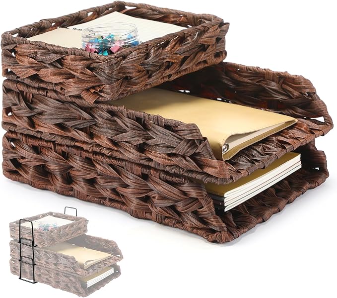 Geelin 3 Pack Water Hyacinth Woven Stackable Desk Organizer Letter Tray, Brown Tabletop Desk Basket for Storage Paper Letter Folders Notebooks Copy Print, Workspace Holder
