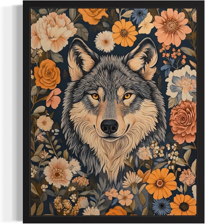 Wolf Art Print Poster, William Morris Style Retro Mid Century Botanical Victorian Dark Academia Gothic Decor Gallery 10b (Wolf, 18 x 24 inches, Black Frame)