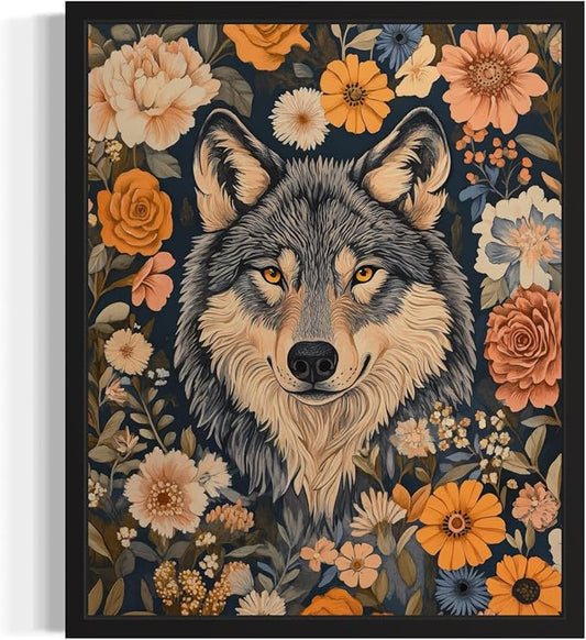 Wolf Art Print Poster, William Morris Style Retro Mid Century Botanical Victorian Dark Academia Gothic Decor Gallery 10b (Wolf, 18 x 24 inches, Black Frame)