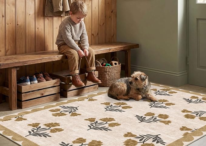 4x6 Covered Outdoor Patio Rug - Beige Washable Front Porch Entry Rug Non-Slip Door Mat Indoor Outside Entrance Floral Scalloped Area Rugs for Living Room Entryway Foyer Backyard Porch Decor