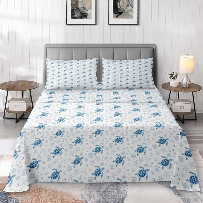 Pamnest Queen Size Bed Sheet Sets, Sea Turtle Ocean Soft Microfiber 4 Pcs Bedding Sets for Kids and Adults Bedroom Bed Decor, Animal Starfish Beach Flat, Fitted Sheet and 2 Pillowcases