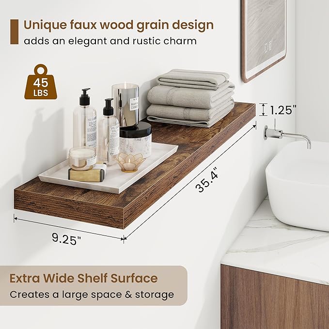 Marsmiles 36in Floating Shelves for Wall, 36" W x 9.25" D x 1.25" H, 2 Pack Long Wall Mounted Engineered Wood Shelves with Invisible Brackets for Living Room, Bedroom, Bathroom, Kitchen, Rustic Brown