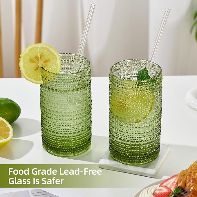 16oz Hobnail Drinking Glasses Set of 12, Vintage Large Capacity Embossed Green Tumblers, Highball Glasses for Water, Cocktail, Beer, Whiskey, Juice & Bar Use