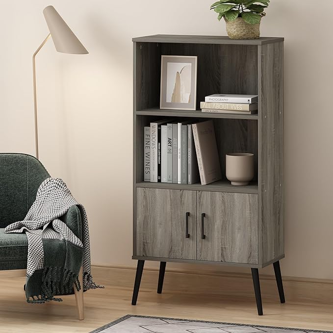 Furinno MIDCENTURY Storage Shelves, Mid-Century Style Accent Storage Cabinet with Doors and Shelves, Bookshelf with Legs, for Living Room, Home Office, Grey Oak
