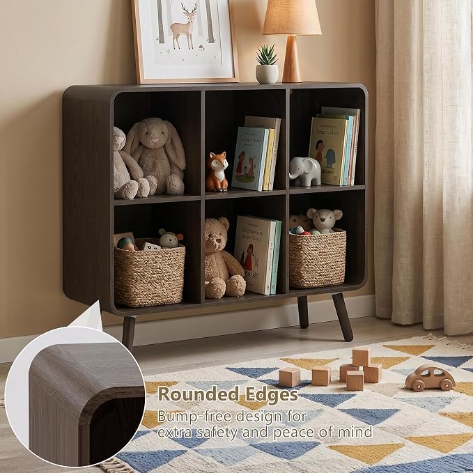 YOSHOOT 6 Cube Bookshelf - 35.4" Wood Cube Bookcase with Legs, Open Cubby Bookshelves with Curved Profile Design for Bedroom, Living Room,Home Office, Walnut