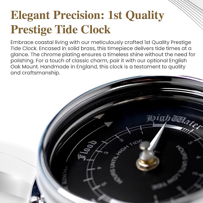 Prestige Tide Clock in Chrome with Jet Black Dial, Traditional Marine Tide Wall Clock, Ocean-Themed Nautical Clock for Beach Enthusiasts - Heavy Chrome Plated, Handcrafted in England