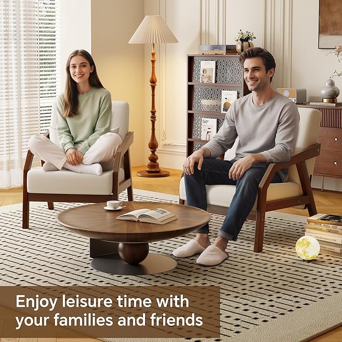 Solid Wood Accent Chair Mid-Century Modern Lounge Armchairs, Fabric Upholstered Soft Comfy Living Room Chairs with Armrest Waist Cushion Pillow for Office Reading Waiting Room (Brown Arm)