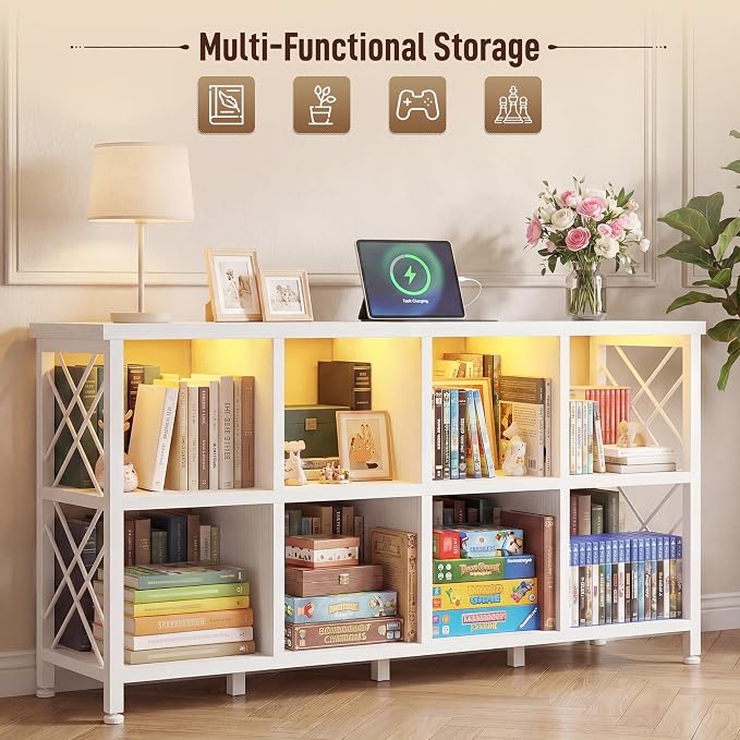 DurayLoly 8 Cube Storage Organizer with LED Light and Charging Station, Wood and Metal Cube Shelf as White Horizontal Book Shelf for Bedroom Home Office