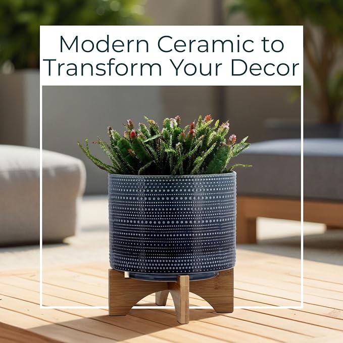 Dotted Decorative Planter Pot with Wood Stand – Ceramic Stoneware Outdoor & Indoor Plant Pot with Drainage Holes – Modern Garden & Home Decor Planters – 10", Blue