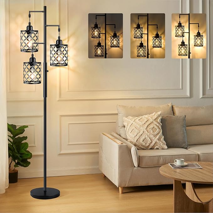 Dimmable Floor Lamp, Farmhouse Standing Lamp with Elegant Metal Cage, Industrial Tall Tree Floor Lamps for Living Room, Bedroom, Study Room, Office, 3 x 800LM LED Bulbs Included, 72", Black