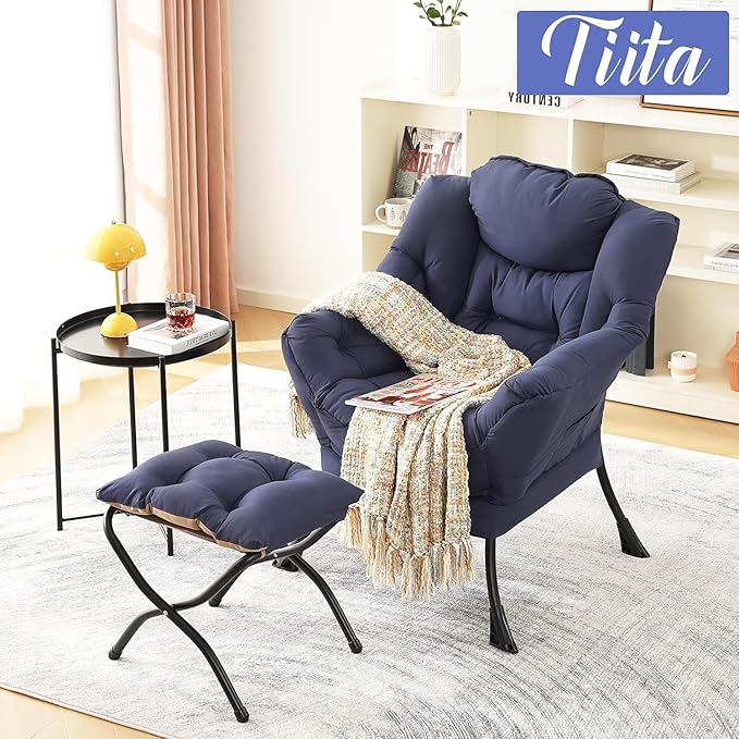 Tiita Modern Large Accent Chair with Ottoman, Navy, Comfy Leisure Sofa Armchair with Ottoman, Reading Chair with Footrest for Bedroom, Living Room, Dorm Rooms