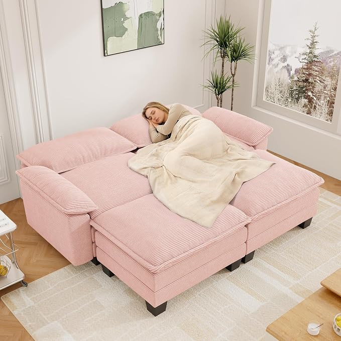 Modular Sectional Sofa Cloud Couch, Comfy Corduroy Loveseat with Ottoman Upholstered Deep Seat Sleeper Sofa Bed 2 Seater Couch Oversized Chaise Lounge Chair Indoor for Living Room Bedroom, Pink