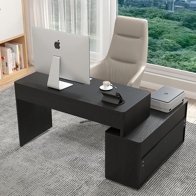 Modern Computer PC Desk Table with Storage, Corner L Shaped Desk with Drawers, Home Office Desk for Bedroom and Small Space, for Writing, Executive, Study, Work, Vanity - Black